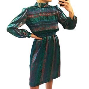 Vintage 80s  Mavinette Pinch Pleat Front Dress. Jewel Tone Multicolors. Sz 8